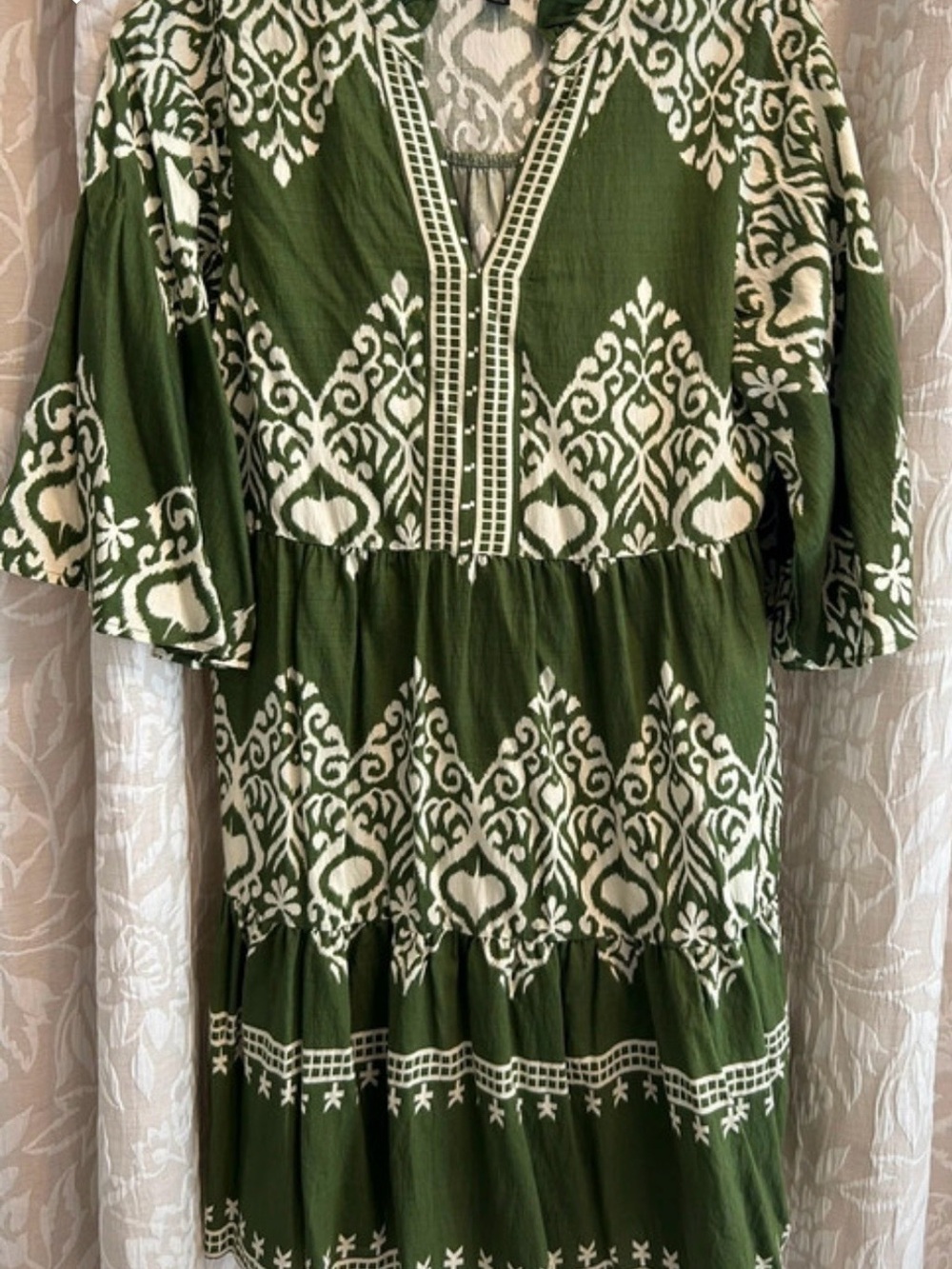 Olive Green Printed V-Neck Tiered Midi Dress Boutique